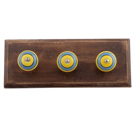 Turquoise And Yellow Striped Ceramic Wooden Hooks